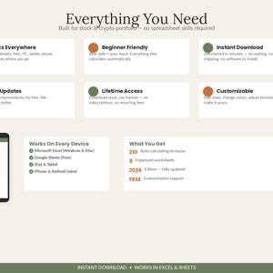 May include: A digital product infographic titled Everything You Need for stock and crypto portfolios. It features six feature boxes with green and orange circular icons, a smartphone display, and a list of 210 formulas and 8 worksheets.
