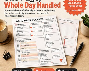 ADHD Daily Planner Printable, Brain Dump Sheet & Task Breakdown, Focus and Routine Tracker for Adults, US Letter A4 PDF