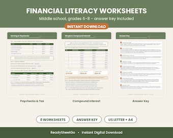 Financial Literacy Worksheets Middle School | Personal Finance Printable for Grades 6-8, Budget Credit & Interest | Answer Key PDF