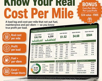 Owner Operator Trucking Spreadsheet | IFTA Fuel Tax & Cost Per Mile Calculator, Trucking Bookkeeping Schedule C Log | Excel Google Sheets