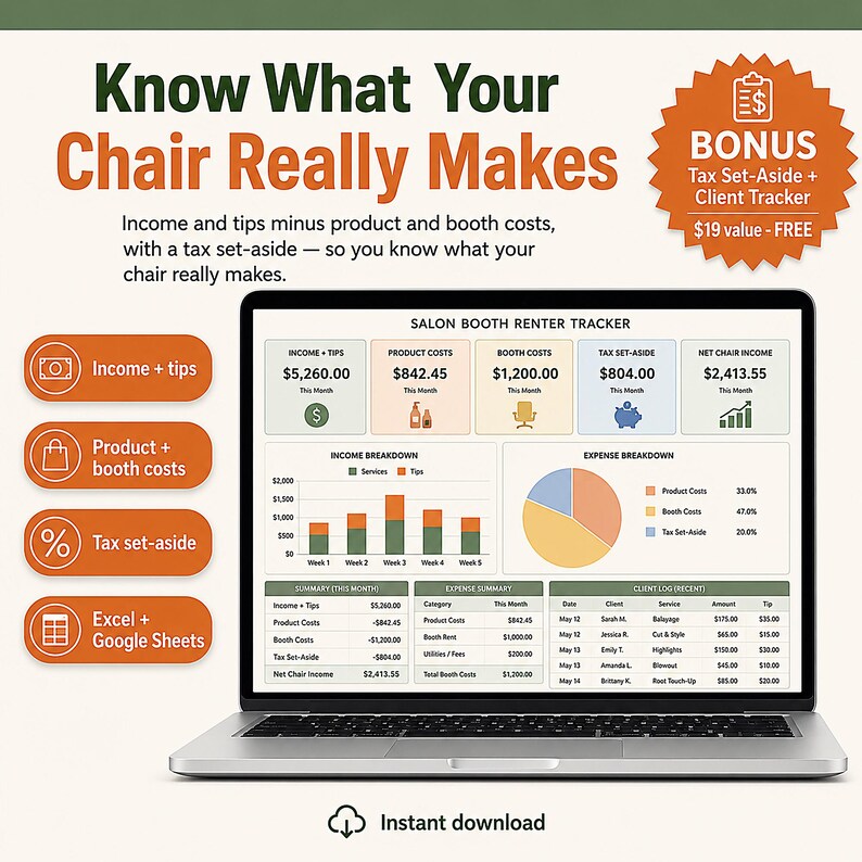 Salon Bookkeeping Template | Booth Rent Tracker, Hair Stylist Income Log, Barber Tips Spreadsheet | Excel Google Sheets 1099 Tax image 1