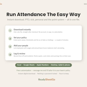 May include: A digital download product advertisement for ReadySheetGo featuring the text Run Attendance The Easy Way. It outlines a four-step process for tracking employee time off and points, compatible with Excel, Google Sheets, and Apple Numbers.