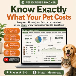 May include: A digital pet expense tracker displayed on a laptop screen, featuring a dashboard with charts, cost breakdowns, and pet profiles. The interface includes text like Pet Expense Tracker, Know Exactly What Your Pet Costs, and a video tutorial link.