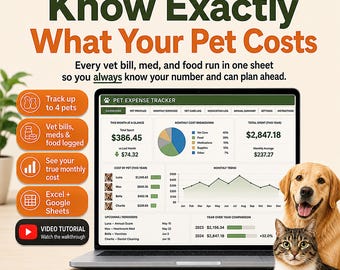 Pet Expense Tracker Spreadsheet | Dog Cat Vet Bills, Vaccination & Medication Log | Multi Pet Budget Planner Insurance Excel Google Sheets