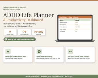 ADHS-Lebensplaner-Tabelle | ADHS-Tagesplaner, Gewohnheits- und Fokus-Tracker, Produktivitäts-Dashboard, Excel, Google Sheets | ADHS bei Erwachsenen