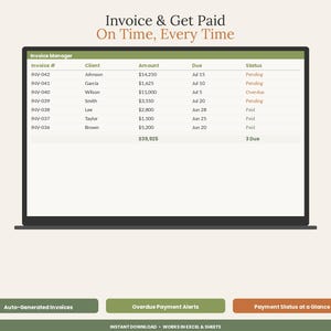 May include: A digital invoice manager spreadsheet displayed on a screen with the text Invoice & Get Paid On Time, Every Time. The table lists invoice numbers, clients, amounts, due dates, and statuses including Pending, Overdue, and Paid.