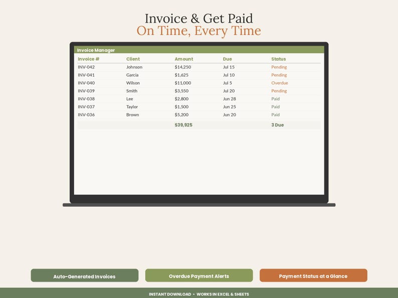 May include: A digital invoice manager spreadsheet displayed on a screen with the text Invoice & Get Paid On Time, Every Time. The table lists invoice numbers, clients, amounts, due dates, and statuses including Pending, Overdue, and Paid.