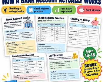 Banking Basics Worksheets for Teens, Printable Checking and Savings Lesson, Check Register Fees APY, Answer Key, Letter A4 PDF
