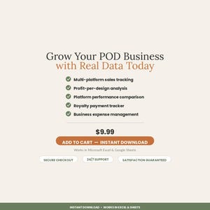 May include: A digital product listing titled Grow Your POD Business with Real Data Today. It lists features like multi-platform sales tracking, profit-per-design analysis, platform performance comparison, royalty payment tracker, and expense management.