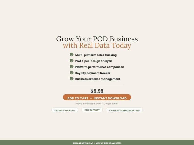 May include: A digital product listing titled Grow Your POD Business with Real Data Today. It lists features like multi-platform sales tracking, profit-per-design analysis, platform performance comparison, royalty payment tracker, and expense management.