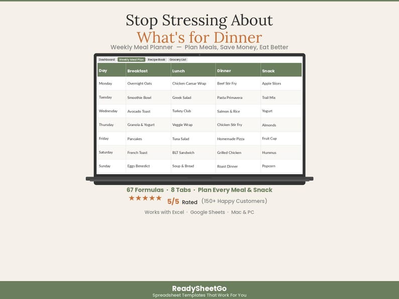 Weekly Meal Planner Spreadsheet 2026 | Grocery List Budget Tracker Calorie | Family Menu Meal Prep Recipe Organizer Excel Google Sheets image 1