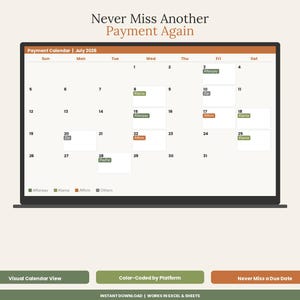 May include: A digital payment calendar for July 2026 displayed on a screen, featuring the text Never Miss Another Payment Again. The calendar includes color-coded entries for Afterpay, Klarna, Affirm, and Zip, with buttons below for Visual Calendar View, Color-Coded by Platform, and Never Miss a Due Date.