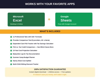 Daycare Childcare Expense Tracker Spreadsheet | Childcare Cost Calculator Excel Google Sheets | FSA Tax Credit Comparison Babysitter Log
