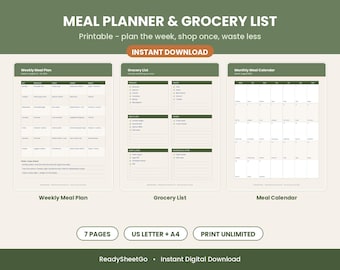 Planificateur de repas à imprimer et liste de courses | Menu hebdomadaire, calendrier mensuel des repas, inventaire du garde-manger | Format US Letter A4 PDF