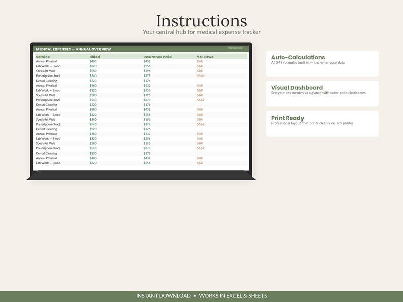 Medical Expense Tracker Spreadsheet | HSA/FSA, Deductible, Tax Deduction (Digital Download) image 3