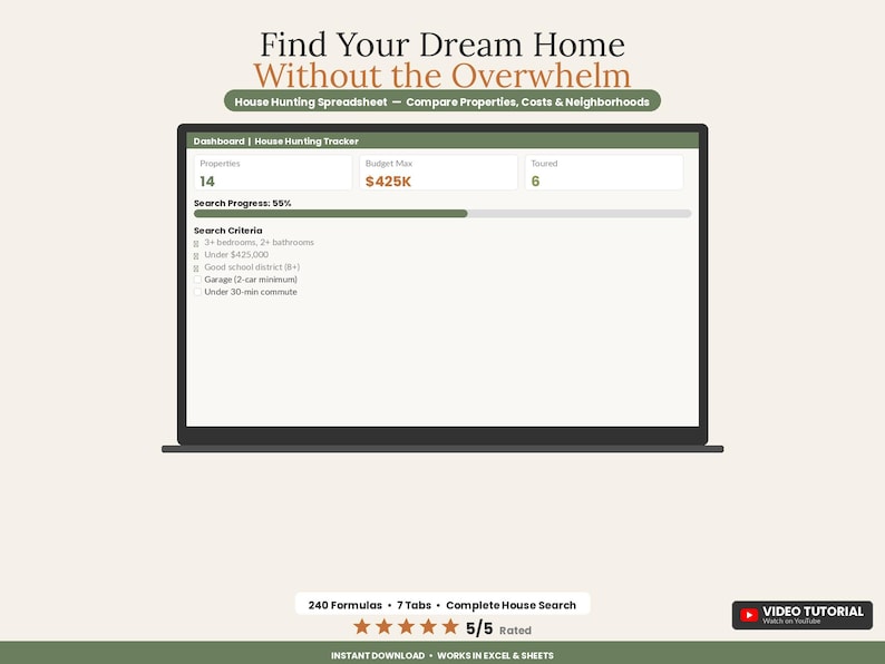 住宅探しスプレッドシートテンプレート | 住宅購入トラッカー Excel Google スプレッドシート | 物件比較住宅ローン計算機 画像 1