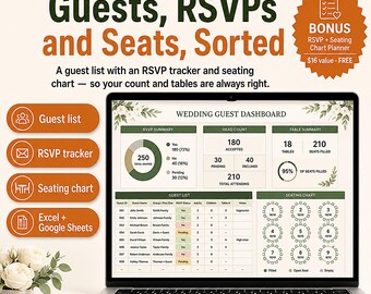 Wedding Guest List Template, RSVP Tracker & Seating Chart Spreadsheet | Wedding Headcount Meal Count Planner for Excel, Google Sheets