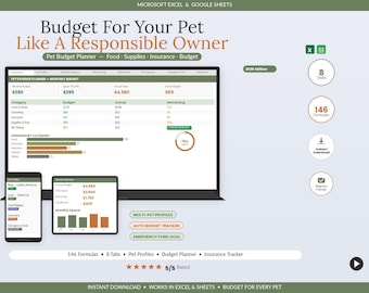 Spreadsheet voor het bijhouden van huisdierkosten | Budgetplanner voor huisdieren in Excel of Google Sheets | Sjabloon voor het bijhouden van dierenartskosten voor hond en kat | Gezondheidslogboek