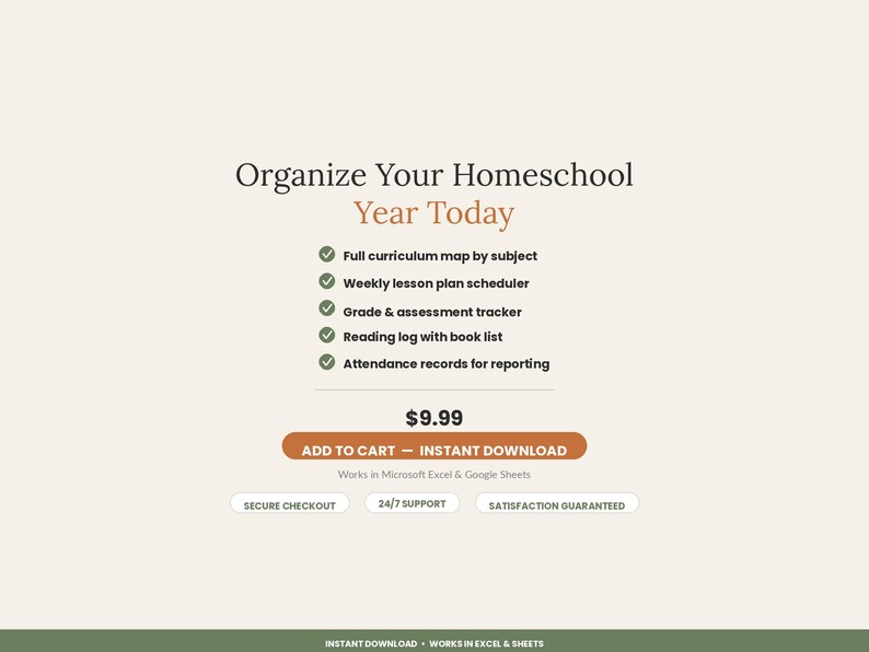 May include: A digital homeschool planner template featuring the text Organize Your Homeschool Year Today. It includes a curriculum map, lesson scheduler, grade tracker, reading log, and attendance records. It works in Microsoft Excel and Google Sheets.