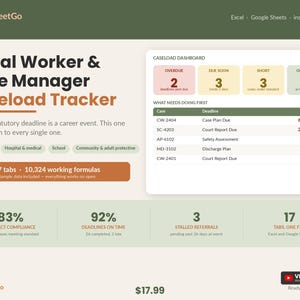 Social Worker Caseload Tracker Spreadsheet Template Excel Google Sheets | Case Manager Deadline and Contact Compliance Log