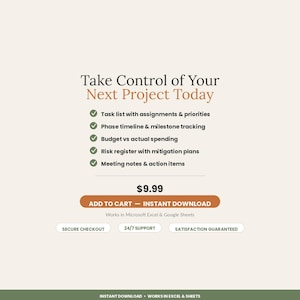 May include: A digital project management template featuring the text Take Control of Your Next Project Today, with a list of features including task lists, timelines, budget tracking, risk registers, and meeting notes, plus an Add to Cart button.