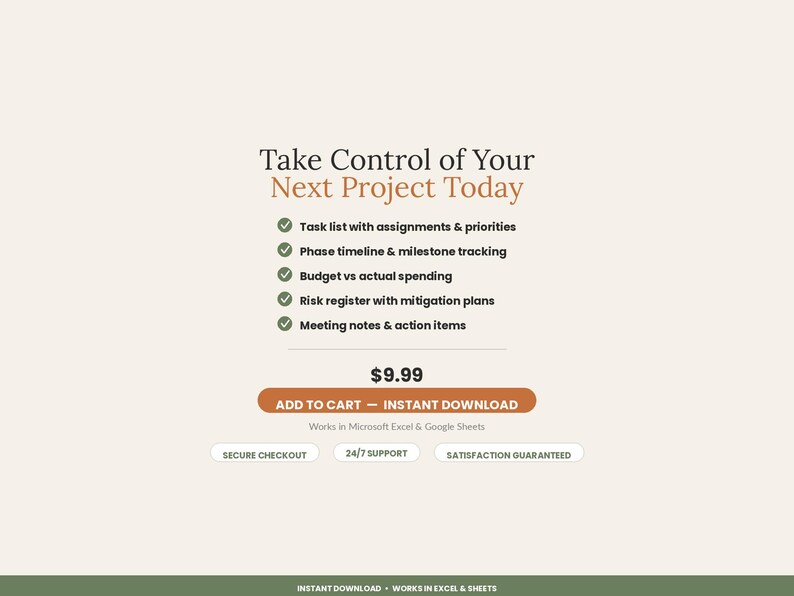 May include: A digital project management template featuring the text Take Control of Your Next Project Today, with a list of features including task lists, timelines, budget tracking, risk registers, and meeting notes, plus an Add to Cart button.