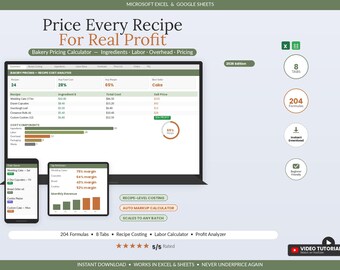 Bakery Pricing Calculator Spreadsheet | Recipe Cost & Cottage Food Pricing Template | Excel Google Sheets Order Tracker