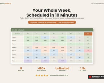 Plantilla de hoja de cálculo para horarios de empleados / Planificador de turnos y seguimiento de ausencias del personal / Horario de trabajo en Excel y Google Sheets