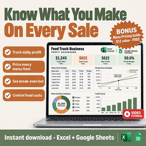 Food Truck Business Spreadsheet Template Excel Google Sheets | Mobile Food Event Profit Tracker, Menu Costing, Break Even Calculator image 1