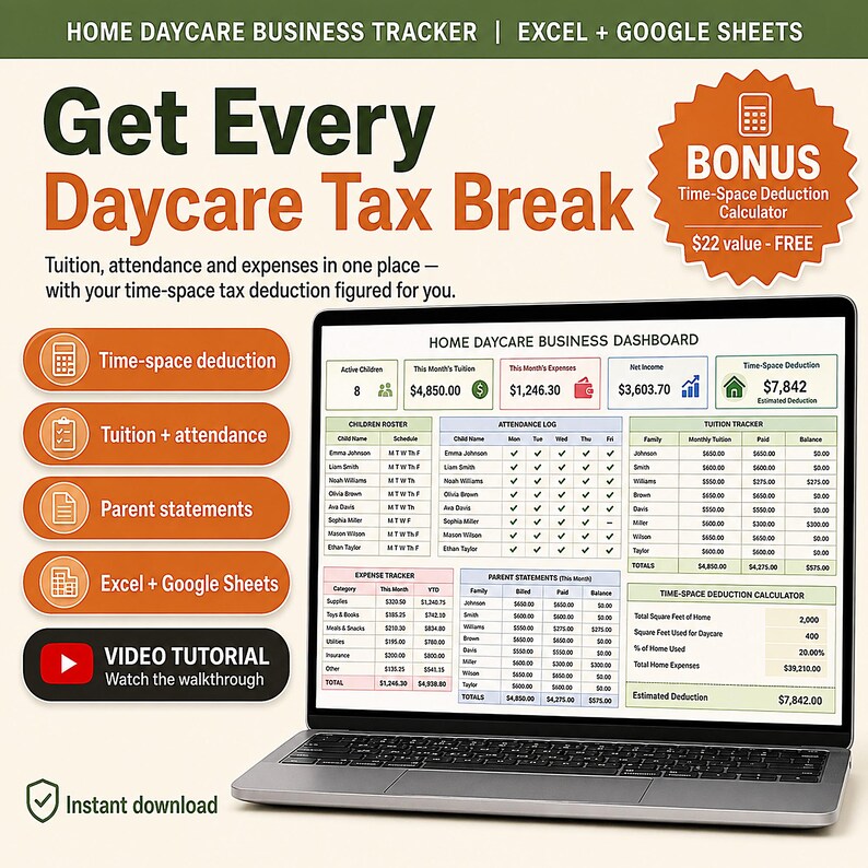 Home Daycare Spreadsheet | Childcare Tuition, Attendance, Tax Tracker (Digital Download) image 1