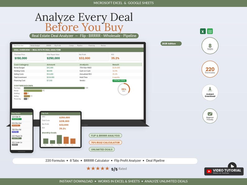 Pu&ograve; includere: Un foglio di calcolo digitale per l'analisi di transazioni immobiliari per Microsoft Excel e Google Sheets. L'interfaccia mostra dati finanziari, ripartizioni dei costi e pipeline di affari su monitor, tablet e smartphone. Include 8 schede, 220 formule e una valutazione a 5 stelle.