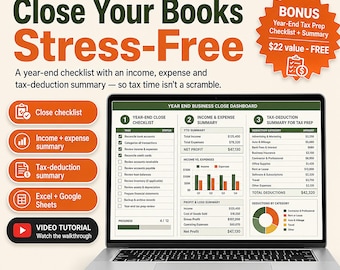 Year End Business Close Spreadsheet Template Excel Google Sheets | Small Business Tax Prep Checklist, CPA Handoff, Bookkeeping Close