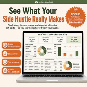 Side Hustle Income Tracker Spreadsheet 2026, Multiple Income Streams & Expense Log | Freelance Profit Loss Tax Estimator, Google Sheets image 1