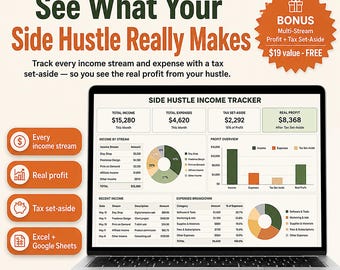 Side Hustle Income Tracker Spreadsheet 2026, Multiple Income Streams & Expense Log | Freelance Profit Loss Tax Estimator, Google Sheets
