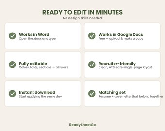 Modèle de CV Word Google Docs | CV moderne et modifiable + lettre de motivation assortie | Design minimaliste professionnel | Téléchargement instantané
