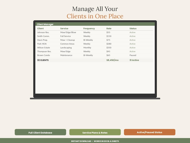 Lawn Care Business Spreadsheet Template | Landscaping Client Route Invoice Tracker Excel Google Sheets image 3