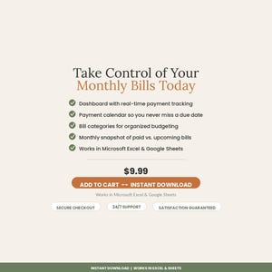 May include: A digital product listing titled Take Control of Your Monthly Bills Today. It features a list of features including a dashboard, payment calendar, bill categories, and monthly snapshot. It is compatible with Microsoft Excel and Google Sheets.