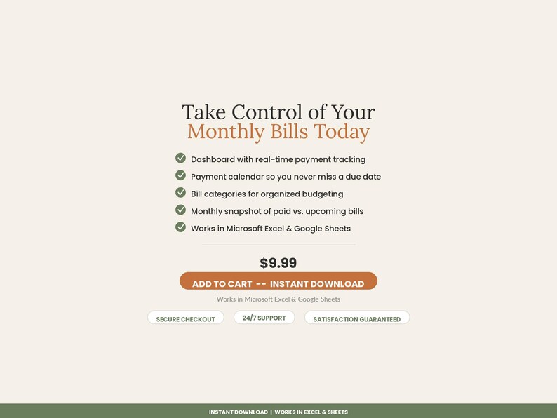 May include: A digital product listing titled Take Control of Your Monthly Bills Today. It features a list of features including a dashboard, payment calendar, bill categories, and monthly snapshot. It is compatible with Microsoft Excel and Google Sheets.