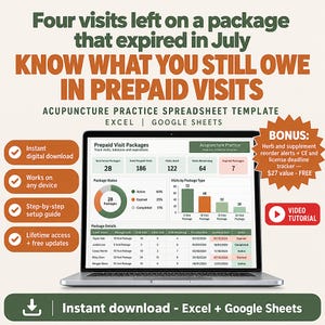 Acupuncture Practice Spreadsheet Template Excel Google Sheets, Naturopathic Holistic Wellness Clinic Manager, Patient Visit Package Tracker
