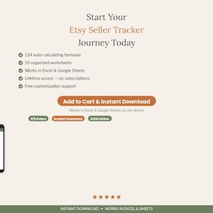 May include: A digital Etsy seller tracker spreadsheet featuring 234 auto-calculating formulas, 10 worksheets, and compatibility with Excel and Google Sheets. The graphic includes text, a smartphone mockup, and a 2026 edition label for instant download.