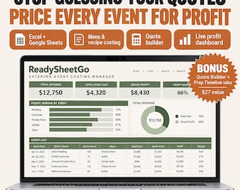 Catering Spreadsheet Template Excel Google Sheets | Private Chef Event Costing, Menu Pricing, Quote Builder and Booking Tracker