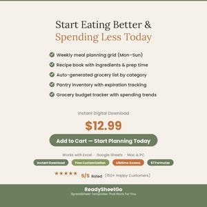 Weekly Meal Planner Spreadsheet 2026 | Grocery List Budget Tracker Calorie | Family Menu Meal Prep Recipe Organizer Excel Google Sheets image 7