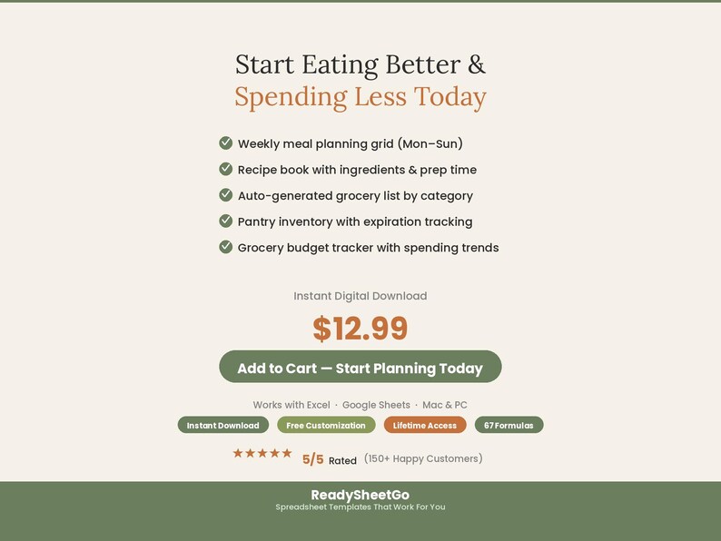 Weekly Meal Planner Spreadsheet 2026 | Grocery List Budget Tracker Calorie | Family Menu Meal Prep Recipe Organizer Excel Google Sheets image 7
