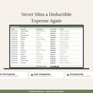 Puede incluir: Un registro de gastos digital en una pantalla con el texto Never Miss a Deductible Expense Again. La tabla incluye columnas para fecha, proveedor, categor&iacute;a, importe y notas. Debajo hay tres cuadros de caracter&iacute;sticas: capacidad para m&aacute;s de 200 filas, autocategorizaci&oacute;n con c&oacute;digos IRS Schedule C y totales acumulados.