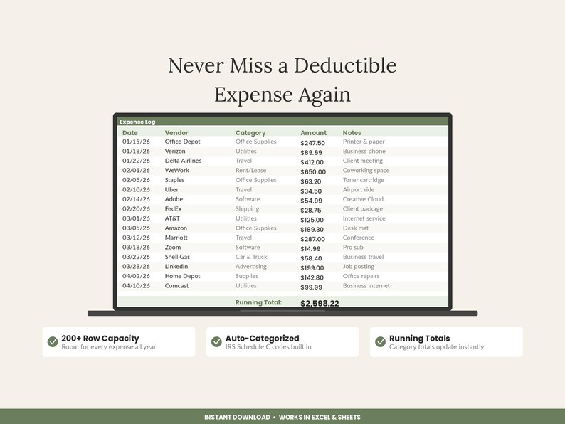 Puede incluir: Un registro de gastos digital en una pantalla con el texto Never Miss a Deductible Expense Again. La tabla incluye columnas para fecha, proveedor, categor&iacute;a, importe y notas. Debajo hay tres cuadros de caracter&iacute;sticas: capacidad para m&aacute;s de 200 filas, autocategorizaci&oacute;n con c&oacute;digos IRS Schedule C y totales acumulados.