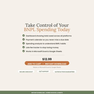 May include: A digital product listing titled Take Control of Your BNPL Spending Today. It features a list of five benefits including a dashboard, payment calendar, spending analysis, late fee tracker, and compatibility with Microsoft Excel and Google Sheets.