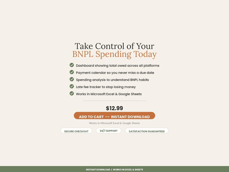 May include: A digital product listing titled Take Control of Your BNPL Spending Today. It features a list of five benefits including a dashboard, payment calendar, spending analysis, late fee tracker, and compatibility with Microsoft Excel and Google Sheets.