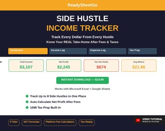 Side Hustle Income Tracker 2026 Spreadsheet | Gig Expense Log Tax Estimator | Multiple Income Streams Planner Excel Google Sheets