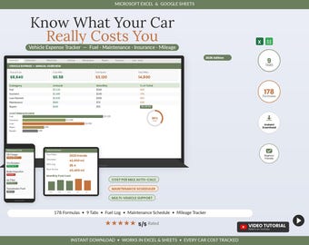 Spreadsheet voor het bijhouden van autokosten | Autoonderhoudslogboek in Excel en Google Sheets | Brandstofkosten per kilometer (MPG) Autobudgetsjabloon