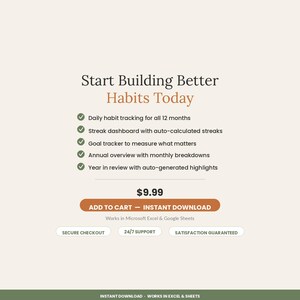 K&ouml;nnte beinhalten: Eine digitale Gewohnheits-Tracker-Vorlage f&uuml;r Microsoft Excel und Google Sheets mit dem Titel Start Building Better Habits Today. Funktionen umfassen t&auml;gliches Tracking, ein Streak-Dashboard, Zielverfolgung, Jahres&uuml;bersicht und einen Jahresr&uuml;ckblick.
